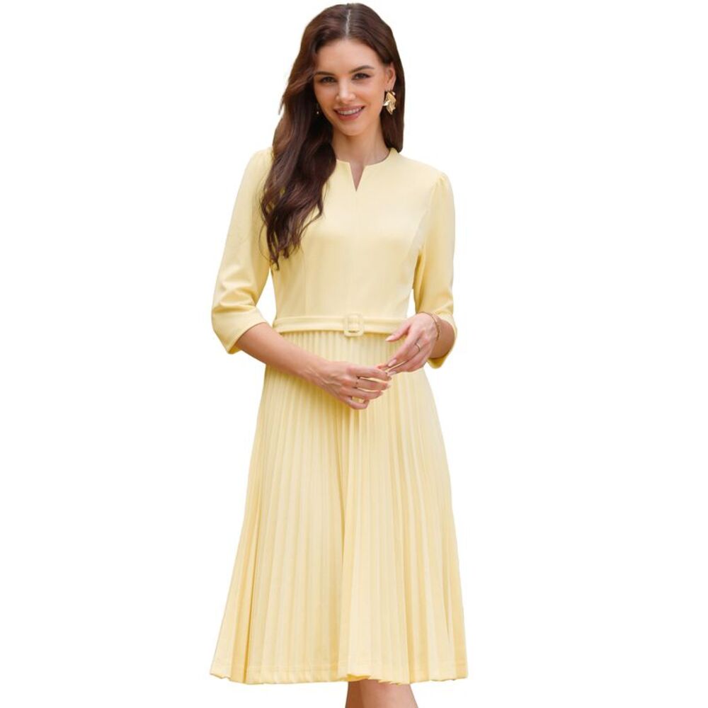 Women's Pleated Dress 3/4 Sleeve Belted Elegant Work A-Line Dress Light Yellow